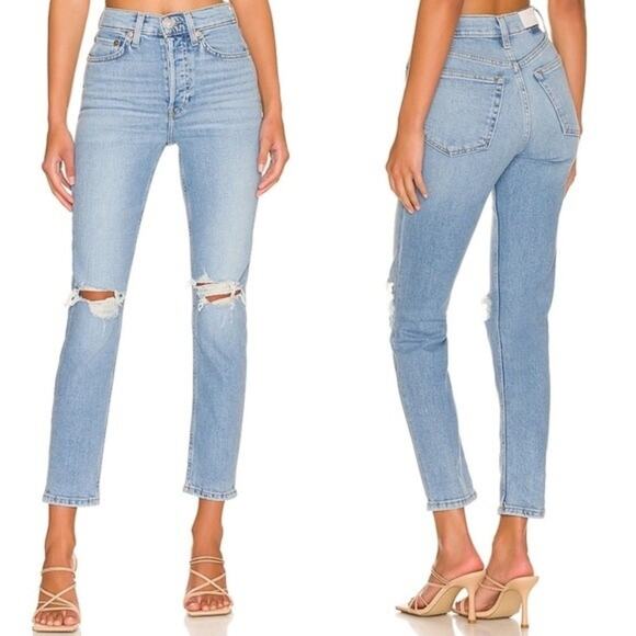 NWT RE/DONE 90s High Rise Ankle Crop Destroy Sanded Blue Size 28 - Picture 1 of 14